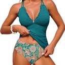 ZAFUL Womens Tankini Swimsuits Smocked 2 Piece Bathing Suits Modest Tie Back Swimwear (Small, Green)