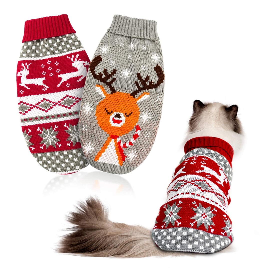 HYLYUN Cat Christmas Sweater 2 Packs - Puppy Christmas Sweater Pet Reindeer Snowflake Sweaters for Kittys and Small Dogs small