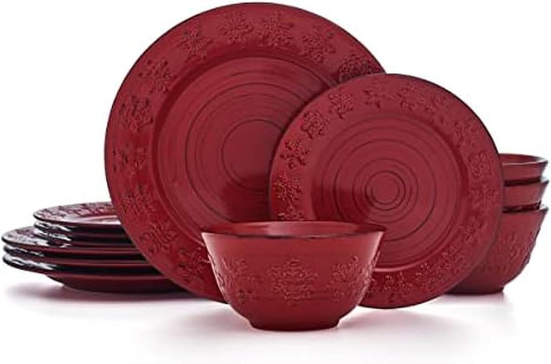 Pfaltzgraff Trellis Snowflakes 12 Piece Dinnerware Set, Service For 4, Red
