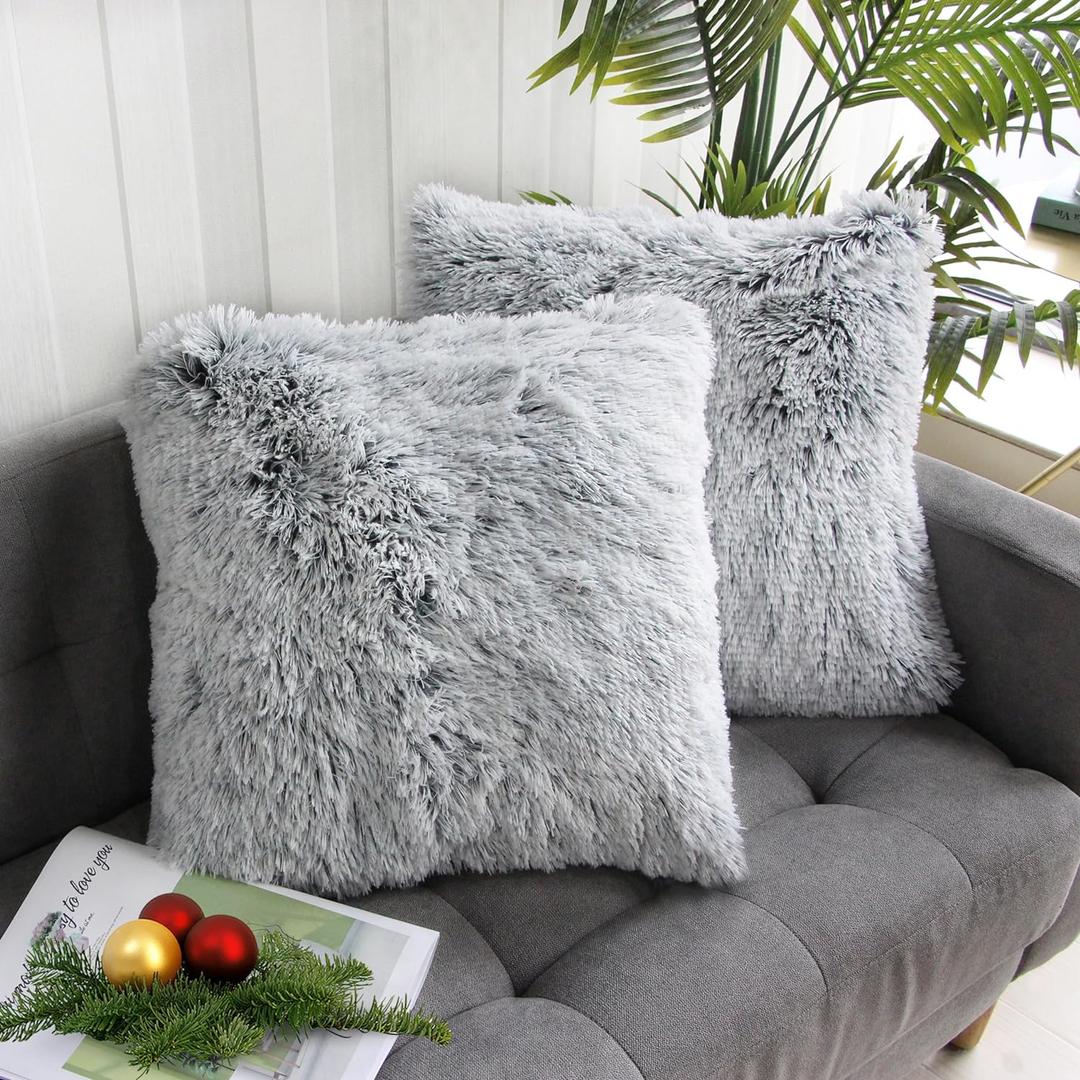 Uhomy 2 Packs Fluffy Accent Pillows Cover 18"x18", Soft Gray Ombre Faux Fur Throw Pillow Case, Modern Luxury Decorative Square Cushion Cover for Farmhouse Home Decor for Sofa/Bed/Chair, 45x45cm