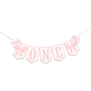 Pink and White Highchair Banner - Bow One Banner, Pink White Party Decor- Girl First Birthday Decor Cake Smash Prop (BOW PINK ONE)