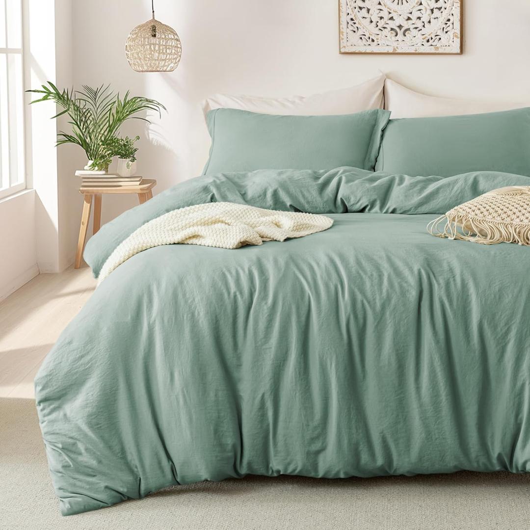 MILDLY Super Soft Duvet Cover - 100% Washed Microfiber Sage Green Comforter Cover Set 3 Pieces with Zipper Closure & Corner Ties (No Comforter) (Queen (90"x90"))