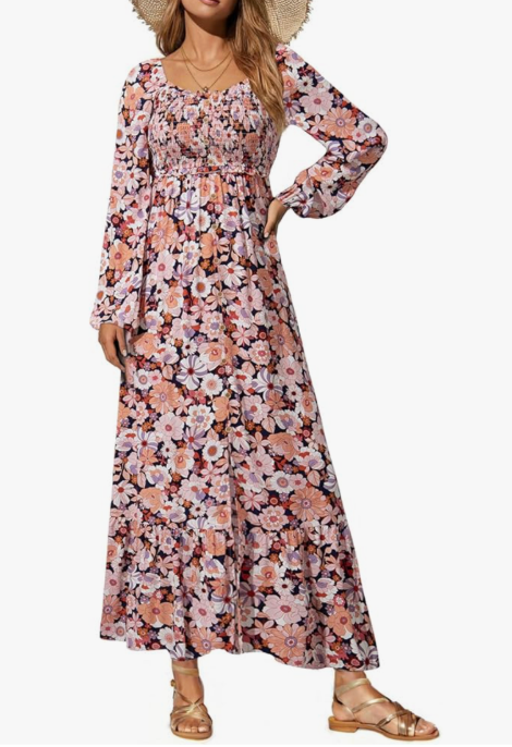 Dokotoo Womens Dresses Spring Summer 2026 Boho Floral Smocked Empire Waist Square Neck Long Sleeve Button Beach Maxi Dress, Large