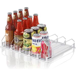 Drink Organizer for Mini Fridge (Fits Depth  12.2"), 12oz 16oz 20oz Soda Can Dispenser, Width Adjustable Automatic Pusher Glide, 12.2" D 5ROW Holds 20 Cans, White