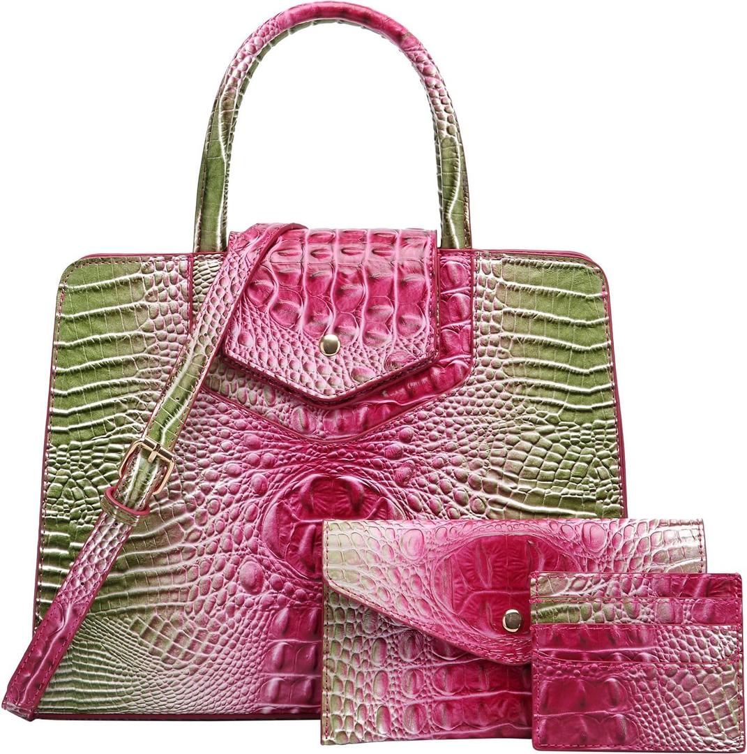 Women Embossed Pattern Satchel Handbags Wallet 3 pcs Set Crossbody Tote Top Handle Vegan Leather Ladies Bag (Acolorful Rose + Green)