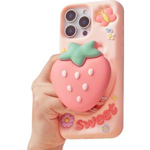 Cute 3D Strawberry Pop-Up Stand and Grip Phone Case for iPhone 15 Pro Max, Kawaii Girly Silicone Fruit Cover for Girls and Women, Pink