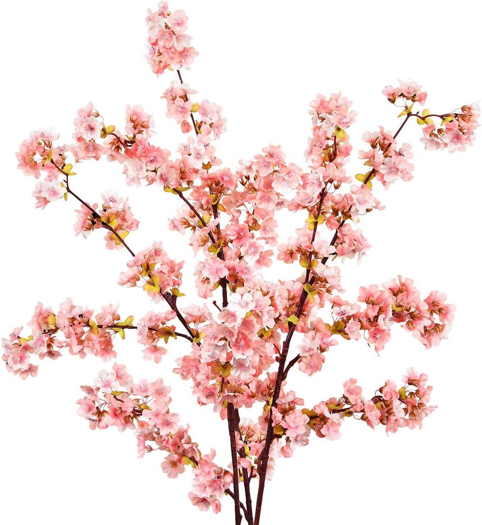 Sunm Boutique Silk Cherry Blossom Branches, Artificial Cherry Blossom Tree Stems Faux Cherry Flowers Vase Arrangements for Wedding Home Decor, Pink Cherry Blossom, Set of 3
