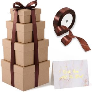 Marspark 4 Pcs Christmas Nesting Gift Boxes with Lids Stackable Square Nested Boxes Set with Ribbon Large to Small Size Prank Annoying Nested Gift Wrapping for Valentine Weddings Birthday(Kraft)
