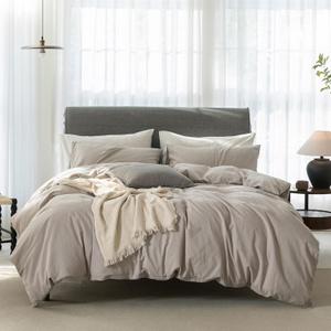 Cooling Queen Duvet Cover Set 3 Pieces-100% Washed Cotton Linen Like Textured Ultra Soft Comfy Bedding with Zipper Closure,Includes 1 Duvet Cover & 2 Pillow Shams(Beige Grey,Queen 90"x90")