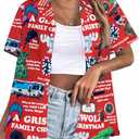 Christmas Shirt Women Happy New Year Xmas T-Shirt Funny Graphic Tee Button Down Short Sleeve Blouse Top Size XL