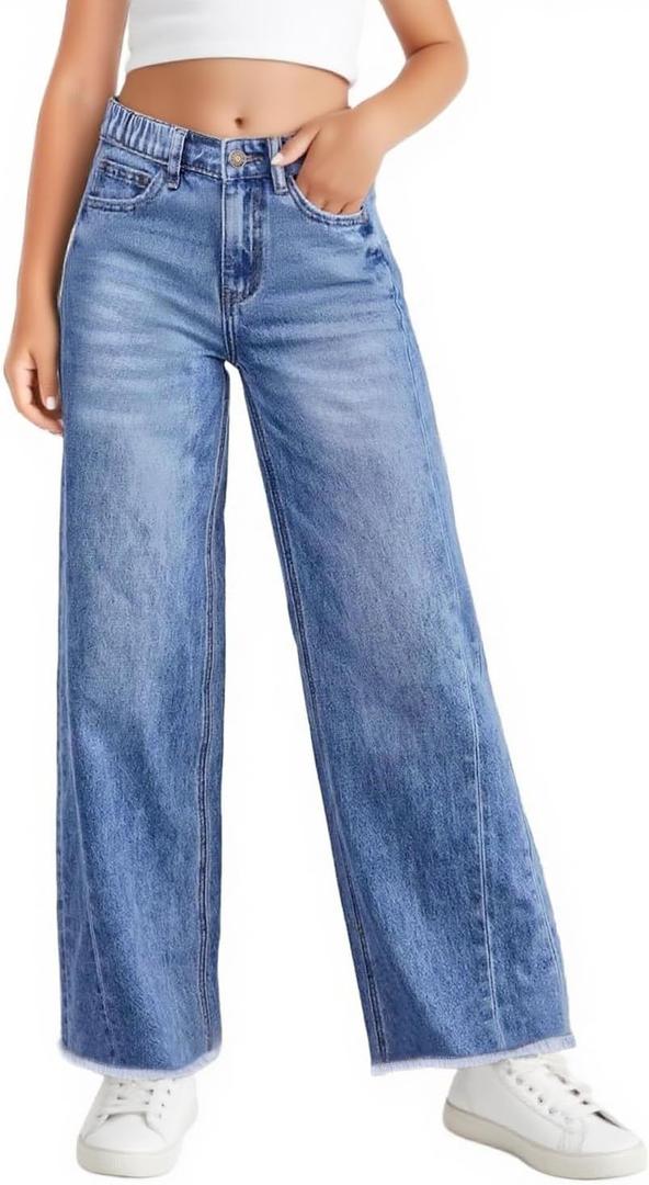 Haloumoning Girls Wide Leg Jeans Kids Elastic High Waisted Raw Hem Denim Pants with Pockets 120 (Light Blue)