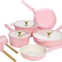 Paris Hilton Ceramic Nonstick Cookware Set, Cast Aluminum with Dual Layer Nonstick Coating, Gold Heart Knobs, Stay-Cool Handles, Made without PFAS, PFOA, PFOS & PTFE, Dishwasher Safe, 3-Piece, Pink