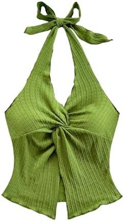 MakeMeChic Women's Backless Halter Top Twist Deep V Neck Sexy Cute Summer Tank Top L