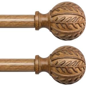 2 Pack Wood Curtain Rods for Windows 48 to 84 Inch, 1'' Adjustable Decorative Drapery Rods with Imitation Wood Grain Leaf Pattern Finials, Boho Heavy Duty Window Curtain Rods Set 36''-88''