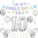 Holkcog 10th Birthday Decorations Silver, In My Double Digits Era Banner, Happy 10th Birthday Decorations for Girls Boys Double Digits Party Supplies Silver Number 10 Balloon Butterfly 10 Party
