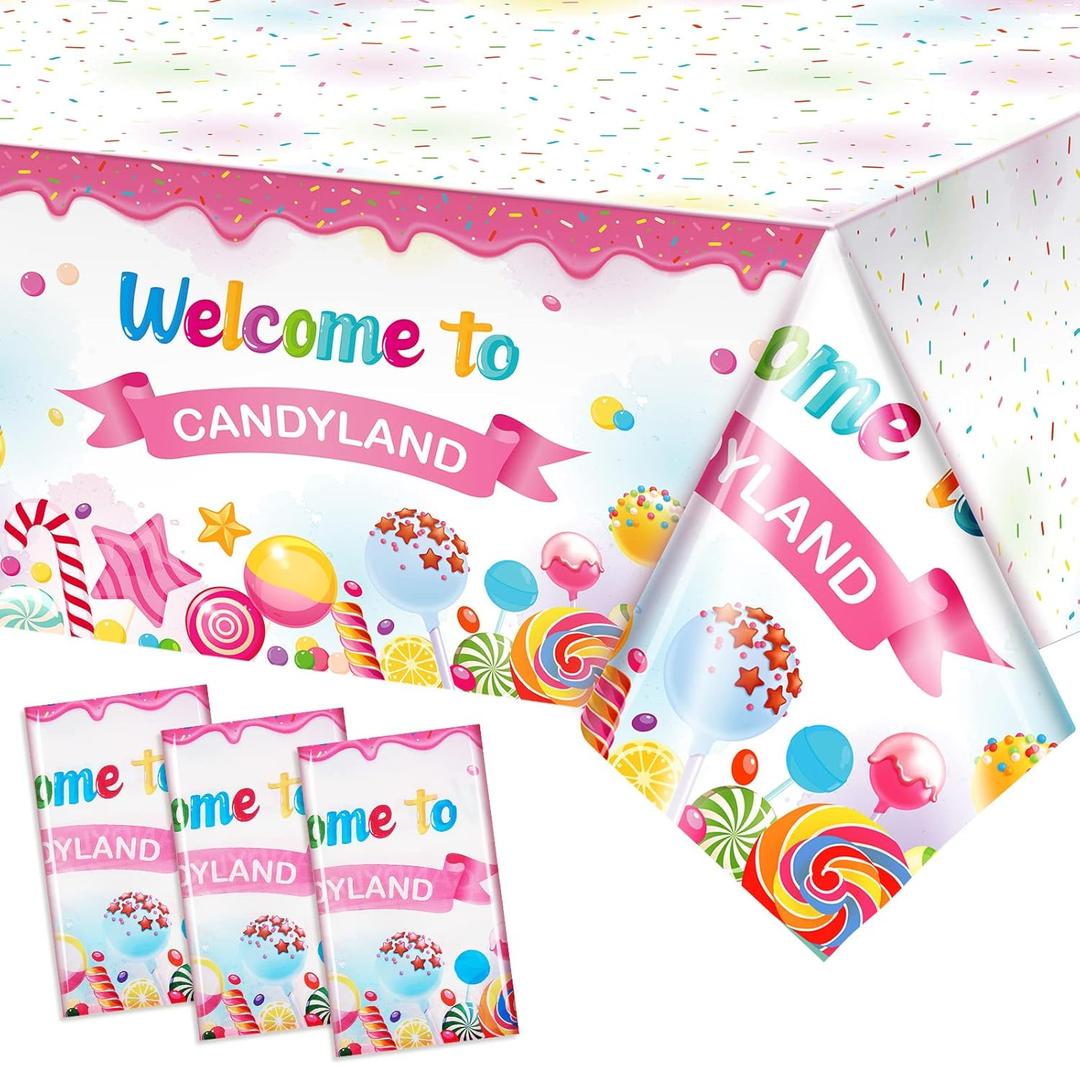 Tatuo 3 Pcs Candyland Party Decorations Candyland Tablecloth Candy Theme Plastic Table Cover Lollipop Decorations for Birthday Baby Shower Candy Party Supplies