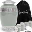 Set of 5 Stunning Cremation Urns for Human Ashes Adult Female or Male - Hand Engraved Cremation Urn Set of 5 with 1 Large Urn for Ashes with 4 Matching Mini Urns, Funnels & Bags (Olive Rest Color)