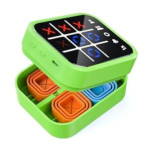 Focfundier Rechargeable Tic Tac Toe Game Box, Upgraded 5 Fun Brain and Memory Games, Compact Handheld Game Console, Portable Puzzle Travel Game Ideal Gifts for All Ages 3+ (Green)