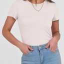 ANRABESS Women Short Sleeve Crewneck Ribbed Knit Slim Fitted Shirts Summer Tops Basic Tee Casual 2026 Spring Outfits Clothes (Beige, S)