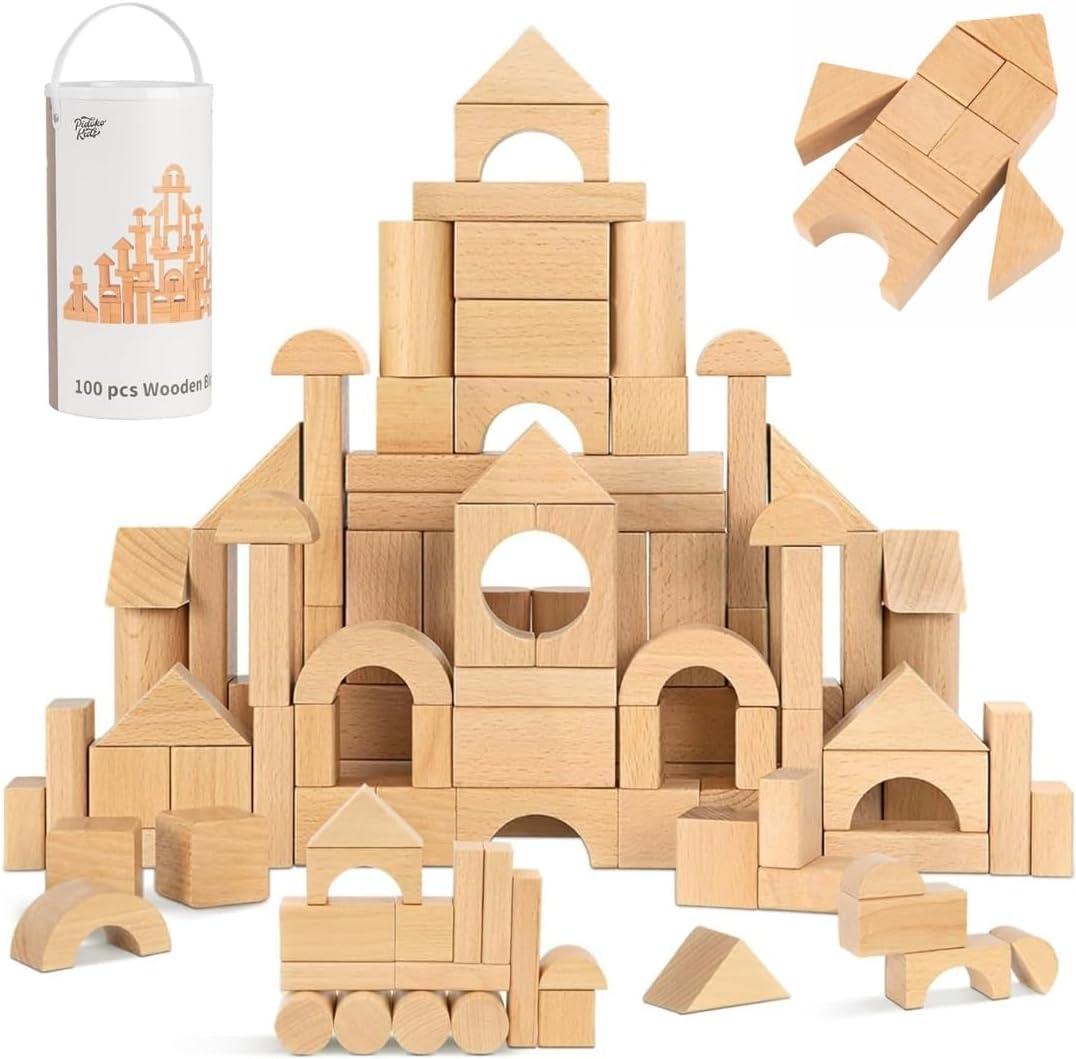 Pidoko Kids 100pcs Natural Beech Wood Building Blocks for Toddlers 1-3, Wooden Blocks with Storage Bucket and Shape Sorter Lid Montessori Toys for 1 2 3 Year Old Boys and Girls, Preschool Learning