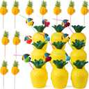 ALINK 12 Pineapple Cups with 12 Umbrella Straws and 12 Cocktail Drink Picks, Hawaiian Luau Tiki and Beach Party Decorations for Kids and Adults