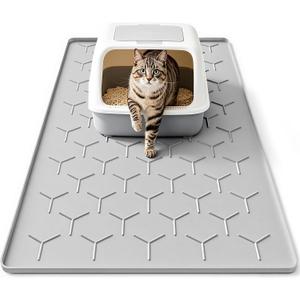 Bulkniu Silicone Cat Litter Mat with Raised Edges, Waterproof/Urineproof, Litter-Collecting Interior Ridges, Soft & Pet-Friendly (24"x16"-Grey)