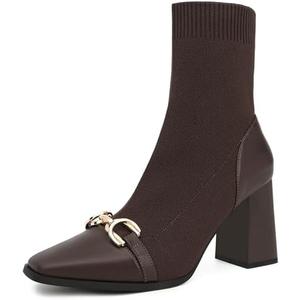 NEWBELLA Women's Ankle Boots - Knit Stretch Booties with Round Toe, Chunky Platform Block Heel Pull-On Chelsea Boots for Casual Streetwear, Daily Commute & Night Out, Size 8, Brown