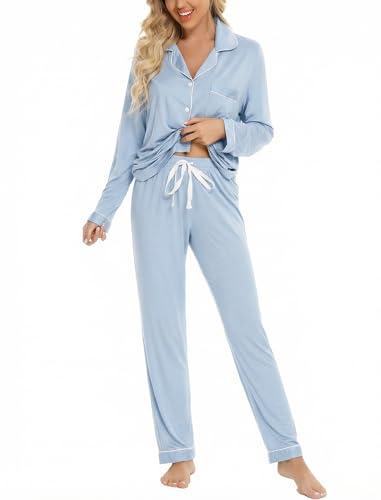 Leikar Button Down Pajamas for Women Soft Viscose Sleepwear Long Sleeve Pjs Set Maternity Nursing Postpartum Loungewear Light Blue Small