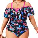 Daci Women Colorful Floral Plus Size One Piece Swimsuits Tummy Control Ruffle Off Shoulder Bathing Suits, Size: 16 Plus