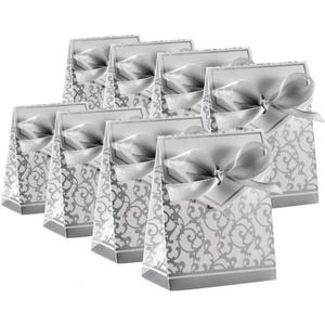 KUPOO 50PCS Candy Boxes,Silver Ribbon Wedding Favor Boxes Candy Bag Cake Box for Wedding Party Decoration Easter (silver)