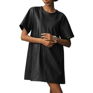 Women Faux Leather Mini Dress Short Sleeve Crew Neck A Line Flowy Swing PU Party Dress with Pockets, (Small, Black)