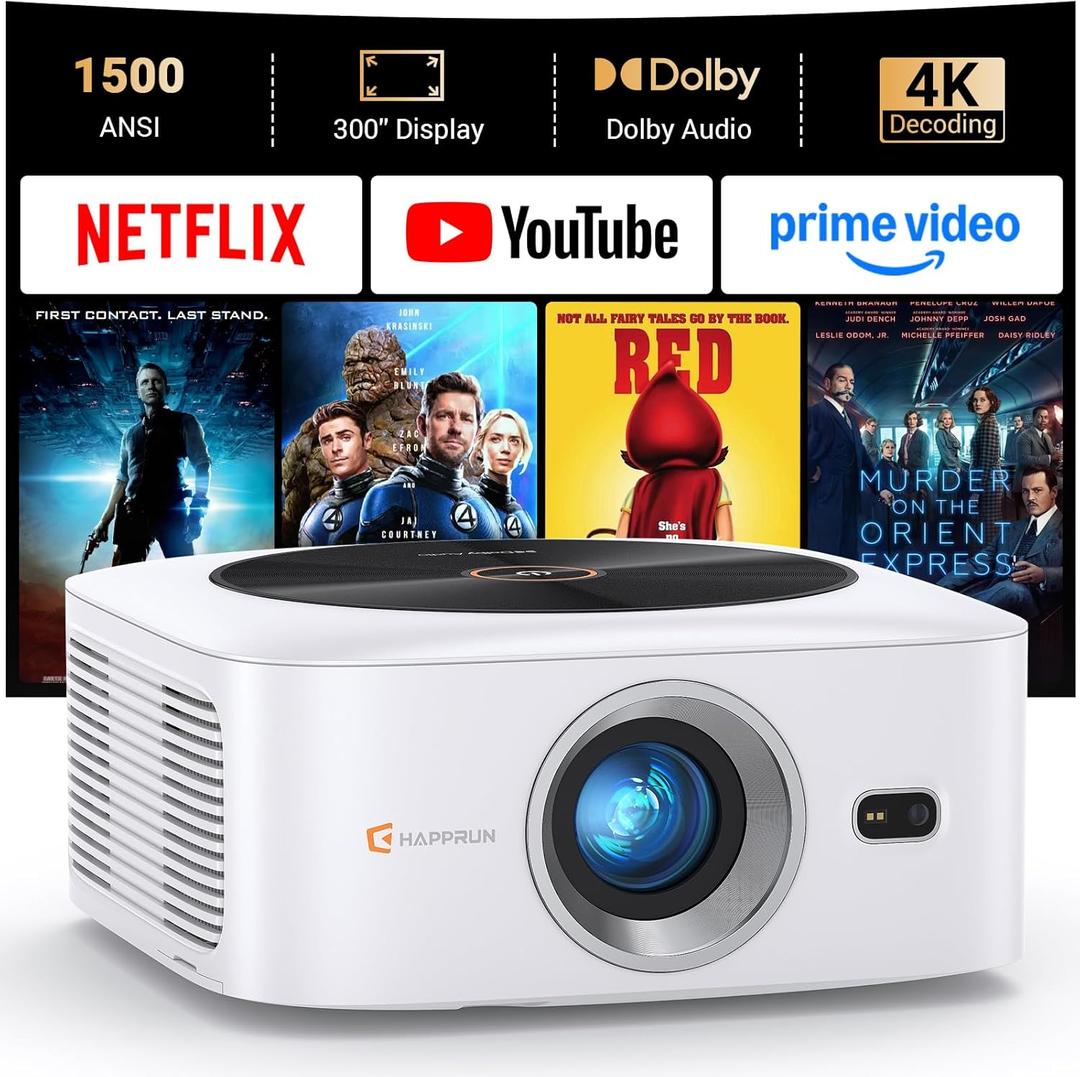 Smart 4K Decoding Projector Compatible with Netflix, 1500 ANSI Projector with WiFi and Bluetooth, Outdoor Movie Projector, Auto Focus, Dolby Sound, Built-in Apps,Portable Home Theater for Phone/PC/PS5 (White)
