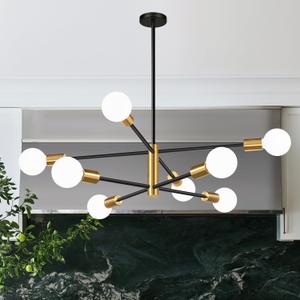Sputnik Chandeliers Dining Room Light Fixture (8-Light, 30-Inch), Modern Brushed Gold and Black Chandelier, Height Adjustable Mid Century Modern Chandeliers for Dining Room (Bulbs Not Included)