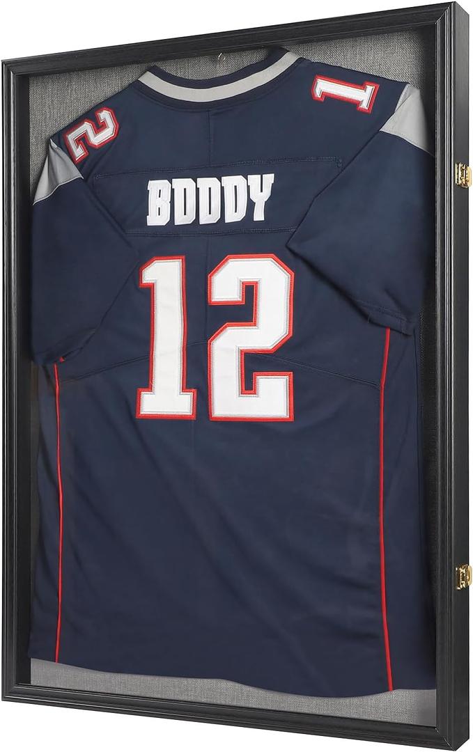 IHEIPYE Large Jersey Frame Display Case Lockable, Sport Jersey Shadow Box with 98% UV Protection Acrylic and Hanger for Baseball Basketball Football Soccer Hockey Sport Shirt and Uniform, Linen Black