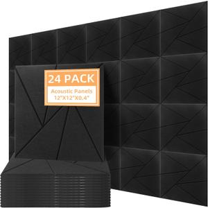 24 Pack Soundproof Wall Panels with Self Adhesive, 12 X 12 X 0.4 Inch High Density Acoustic Panels Sound Absorbing Panels for Walls, Sound Proof Foam Panels for Home Studio Office (Black)