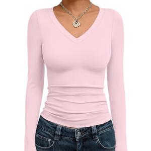 Trendy Queen Long Sleeve Shirts for Women 2025 Fall Fashion V Neck Basics Crop Tops Slim Fitted Y2K Tops Outfits Clothes (Medium, Pink)