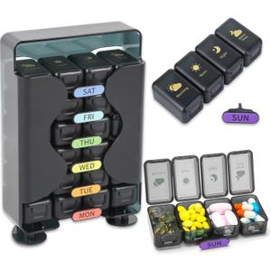 Weekly Pill Organizer 7 Day 4 Times a Day Large Pill Box Organizer with Drawer Designed Daily Pill Organizer to Hold Medicine, Medication, Vitamins and Fish Oils (Black)