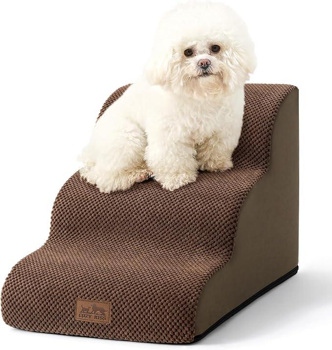 Dog Stairs for Small Dogs 15.7" H, Curved Dog Step for Puppy, Older Cat, Medium Pet Ramp for Sofa, Couch or Chair, Ladder with High Density Foam, 3 Step, 15.7x22.4x15.7 inch, Brown