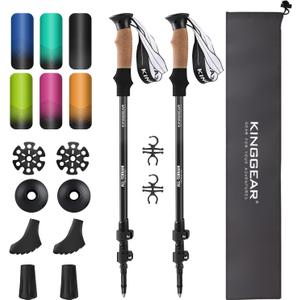 KINGGEAR Nordic Walking Stick, TP1 Hiking Poles Retractable Lightweight 7075 Aluminum, Trekking Poles with Flip Lock, Natural Cork and EVA Grip, 2pc Hiking Gear (Black)