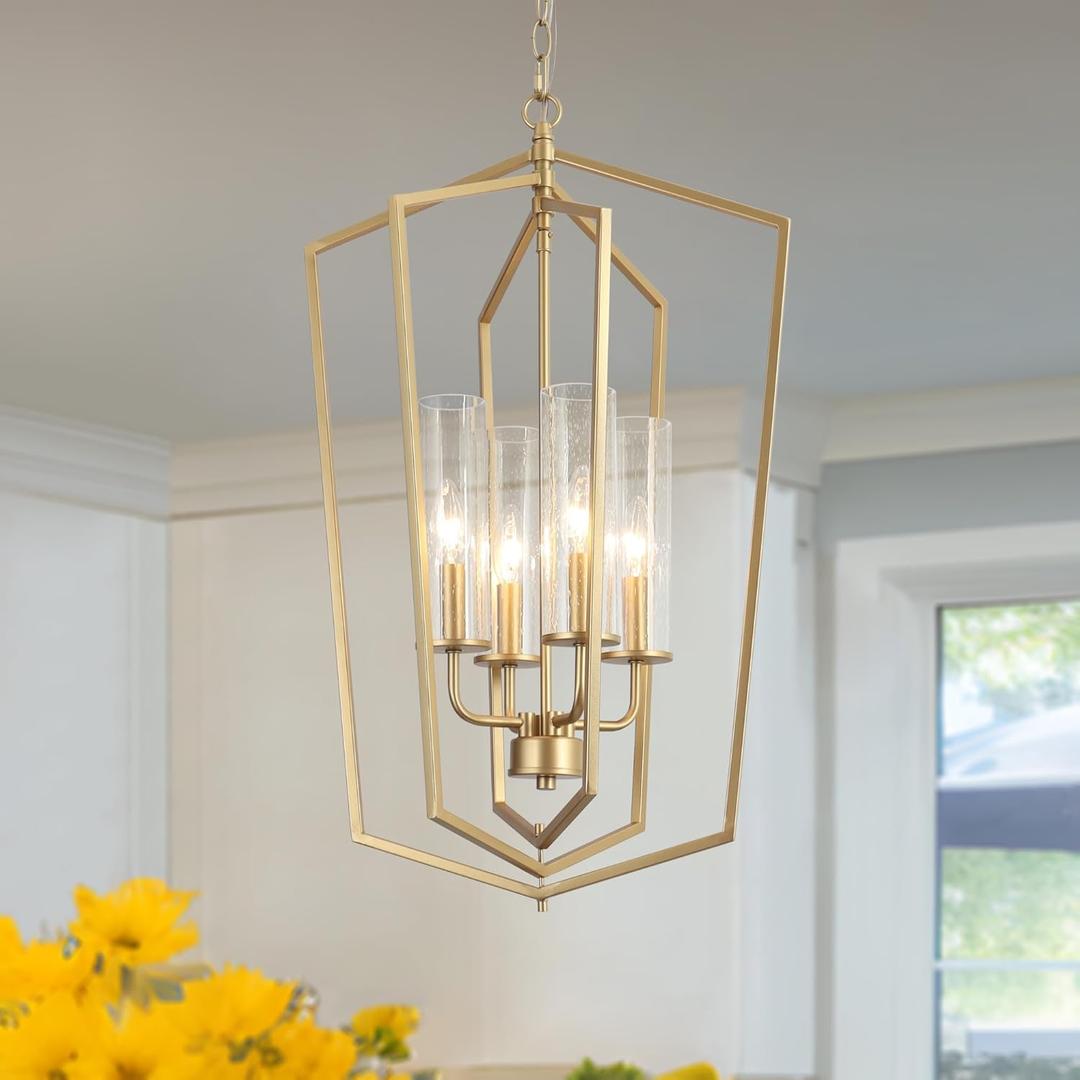 KSANA Gold Chandeliers, Geometric Lantern Pendant Chandelier with Seeded Glass, Modern 4 Light Chandelier Light Fixture for Kitchen Island, Entryway, Foyer