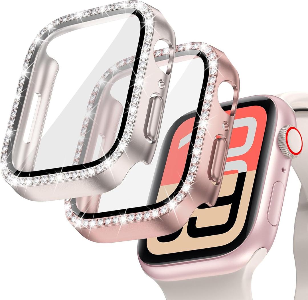 Goton 2-Pack Bling Case for Apple Watch Screen Protector 44mm SE 3/2/1, Series 6 5 4, Women Diamond Rhinestone Bumper Face Cover for iWatch Accessories 44 mm (Starlight+Rose Gold)