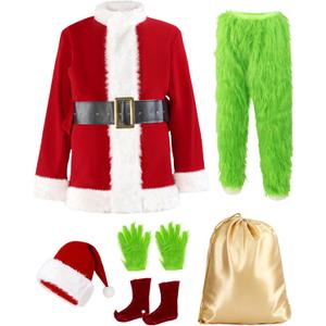 Buheco Christmas Costume for Men 7PCS Deluxe Adult Santa Outfit Suit Furry Professional Xmas Halloween Monster Cosplay Adults (XX-Large, Red)