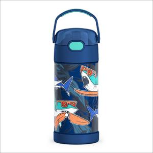 THERMOS FUNTAINER Water Bottle with Straw - 12 Ounce - Kids Stainless Steel Vacuum Insulated Water Bottle with Lid, Surfin Sharks