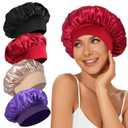 4Pcs Satin Bonnet Silk Bonnet, Hair Bonnet for Sleeping, Elastic Wide Band Silk Sleep Cap, Soft and Breathable (Black Red Purple Gold)
