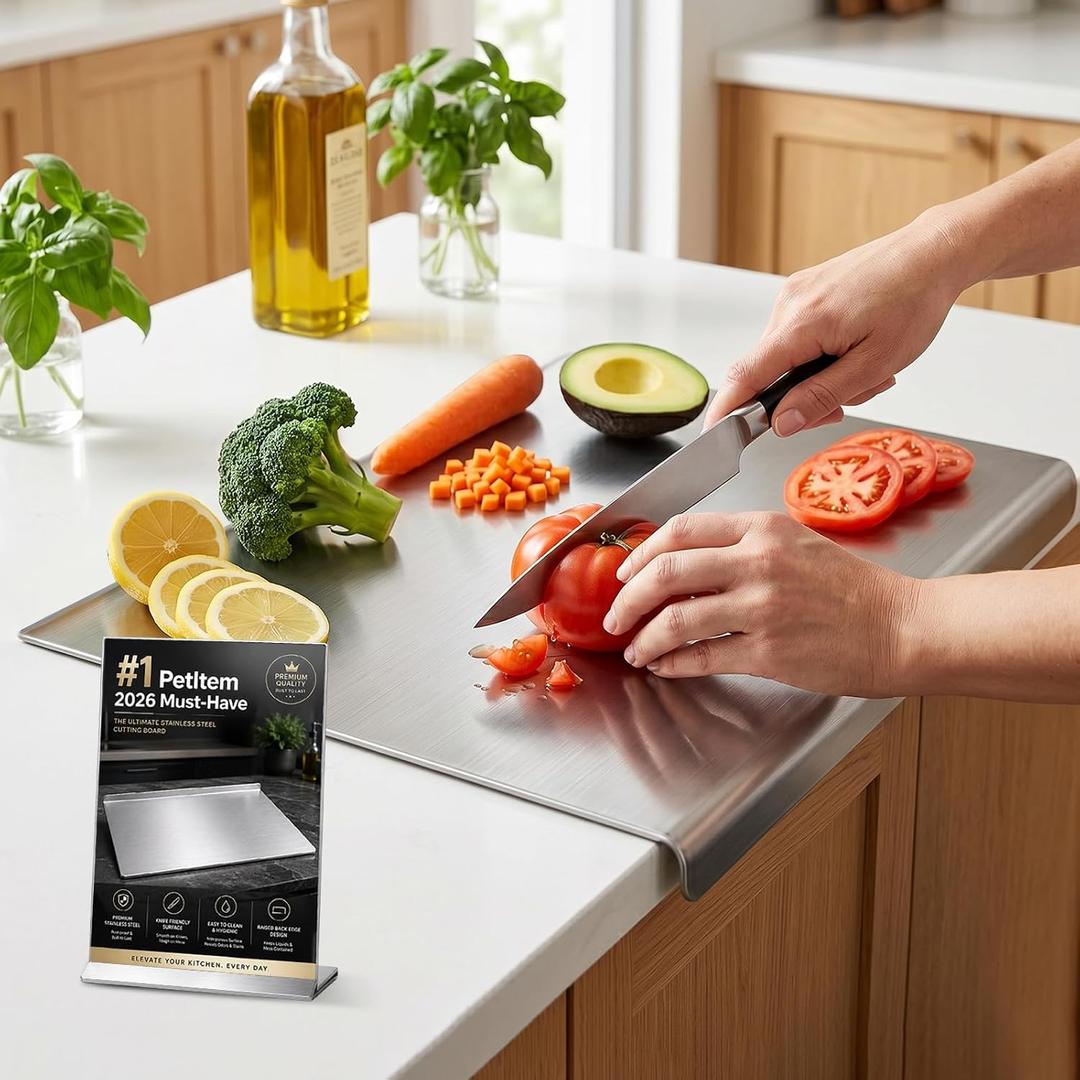 Stainless Steel Cutting Board for Kitchen Metal Titanium Chopping Baking Mat Extra Large Tablas Para Picar Cocina with Lip Marble Stone Silicone Mat Counter with Knife Sharpener, 19.7"x15.7"