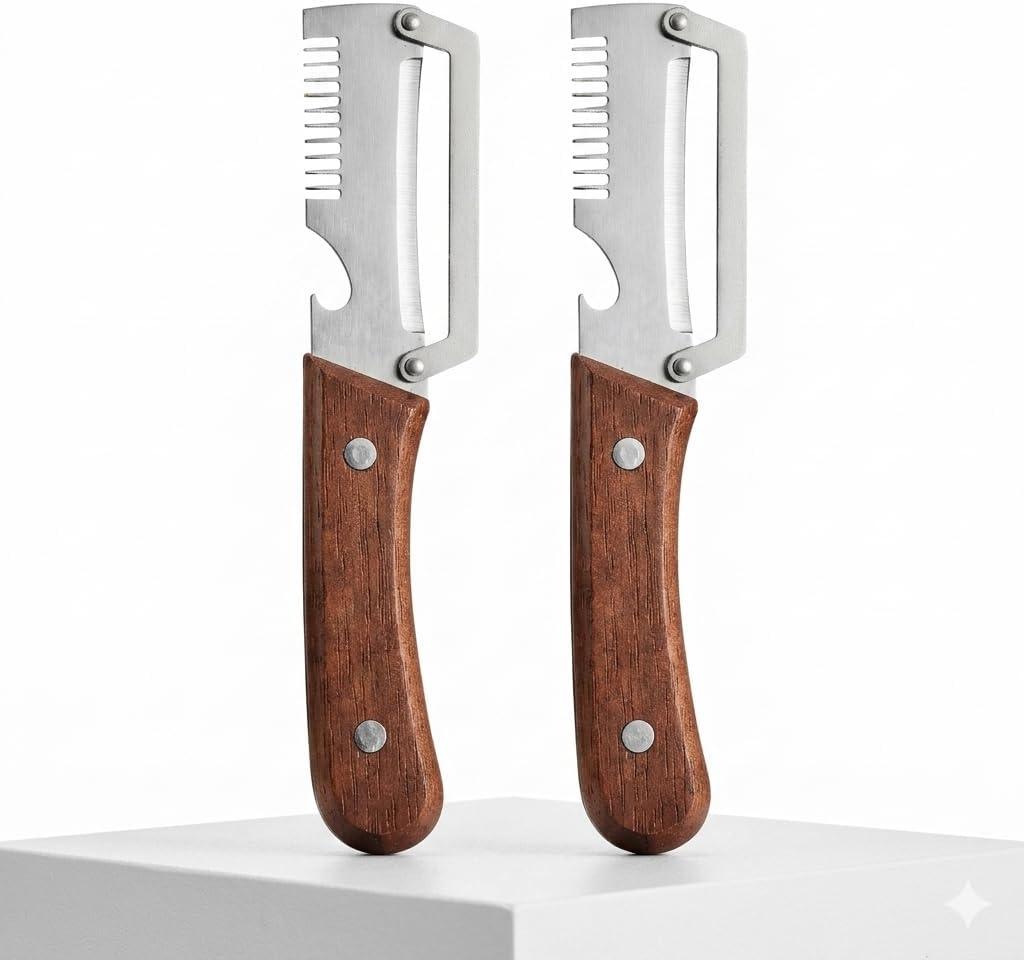 5 x Multi-Functional Vegetable Peeler 2-Pack, Ultra-Sharp Stainless Steel Potato Peeler with Built-in Bottle Opener, Ergonomic Non-Slip Wooden Handle for Kitchen, BBQ & Camping