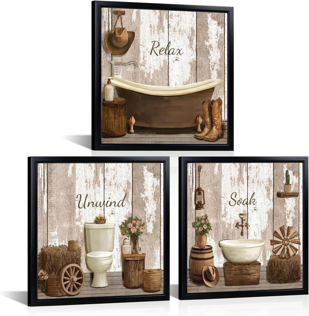 HOMEOART Farmhouse Bathroom Wall Art Western Cowboy Bathroom Wall Decor, Rustic Toilet Restroom Signs,Light-Weight Black Frame, Ready to Hang 12x12inchx3 Pieces