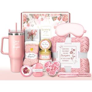 Birthday Gifts for Women Self Care Get Well Soon Gifts, Rose Relaxing Spa Gift Basket - Happy Birthday Set w/ Luxury Flannel Blanket & 40 oz Tumbler, Christmas Gift for Mom Her Wife Sister Friend
