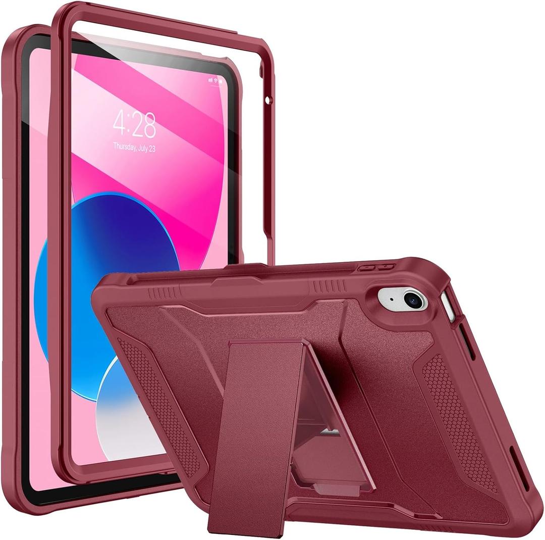 Soke Case for iPad (A16) 11th Generation 11-inch 2025, iPad 10th Generation 10.9-inch 2022, with Built-in Screen Protector and Kickstand, Rugged Full Body Protective Cover - Dark Red