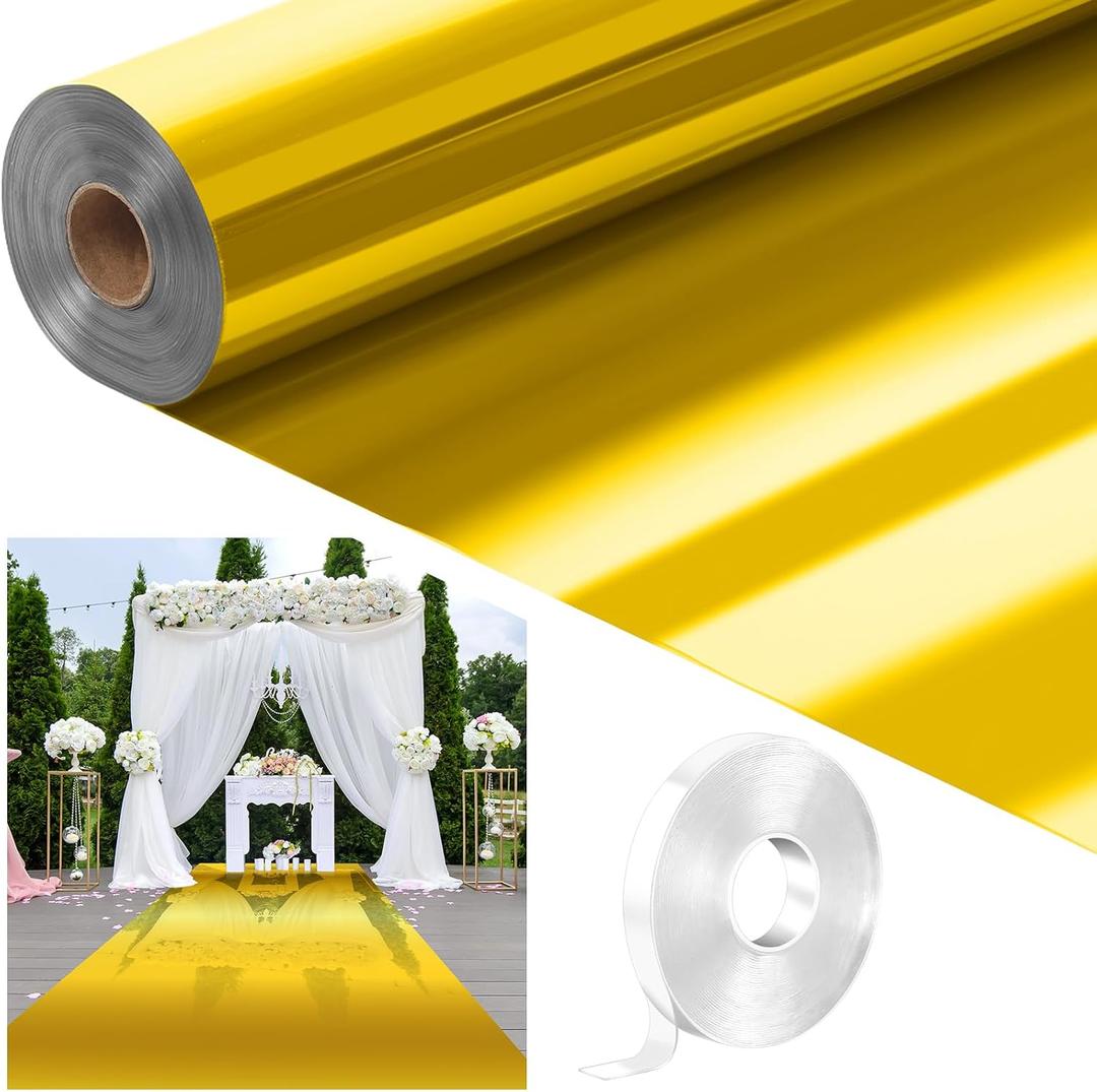Tinideya 3.3 x 98.4 ft Mirror Rug Aisle Runner for Wedding Ceremony Double Sided Reflective Carpet Aisle Runner Walkway Rug Roll for Outdoor Birthday Graduation Party Decor(Gold), Large